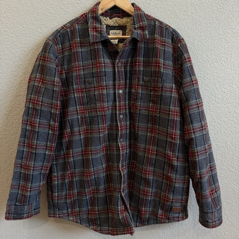 LL Bean Sherpa Lined Scotch Plaid Shirt Men's L Slightly Fitted Grey Stewart